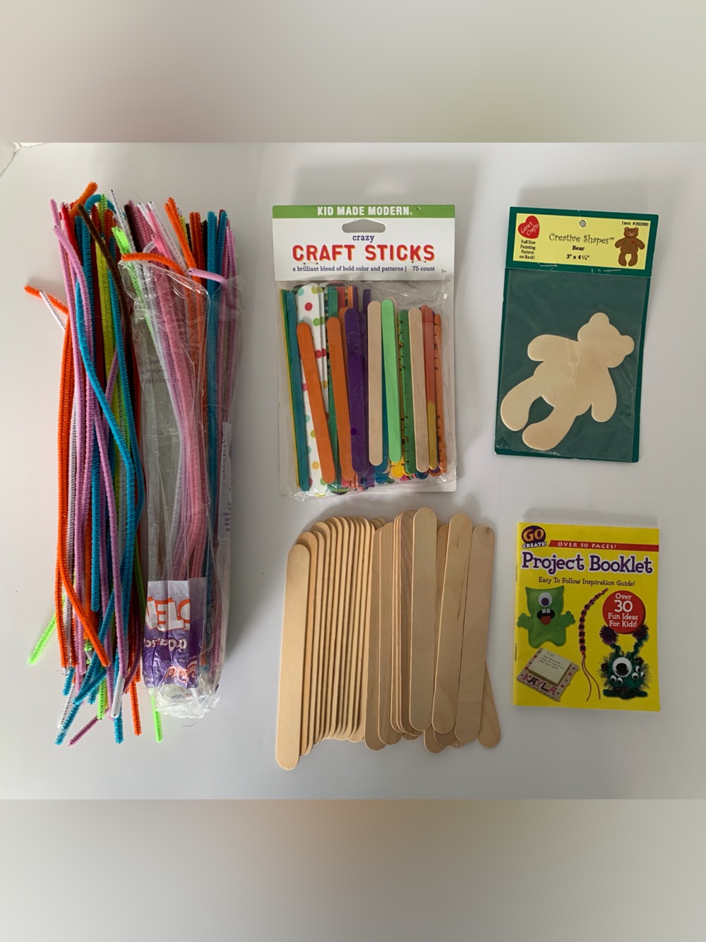 Craft LOT Colored & Plain Craft Sticks Furry Stems Wooden Bear Activity Book
